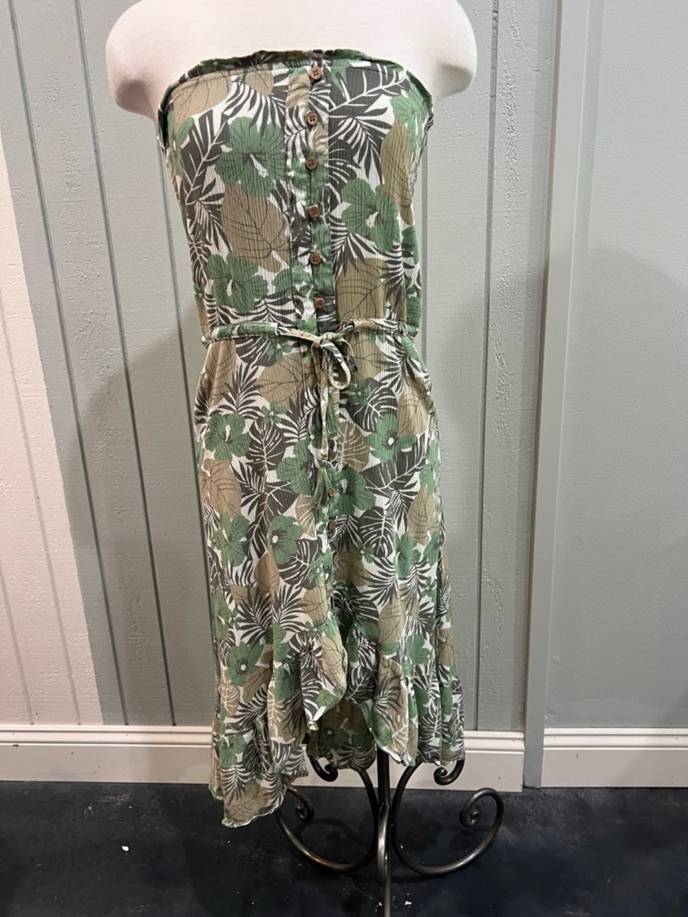 blue island Strapless Green and Tan Floral Midi Dress